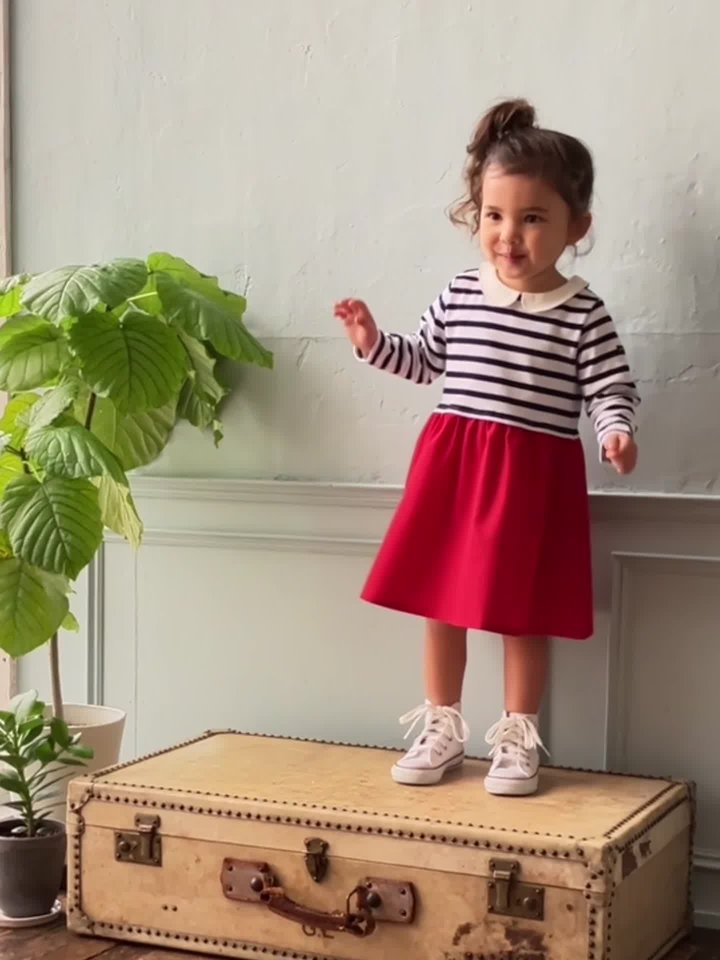 リンク】ボーダー切替えワンピース(キッズサイズ)(80cm 赤): キッズ