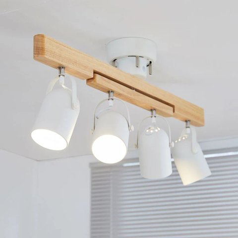 LEDシーリング・スポットライト（4連：ホワイト/ブラック）木製×ガラス 