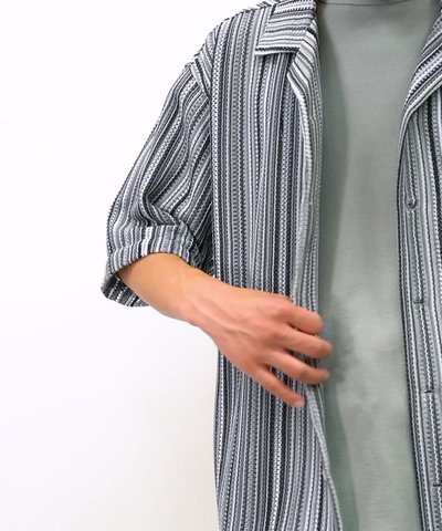 メンズ ストライプ メッシュ オープンカラー 半袖シャツ